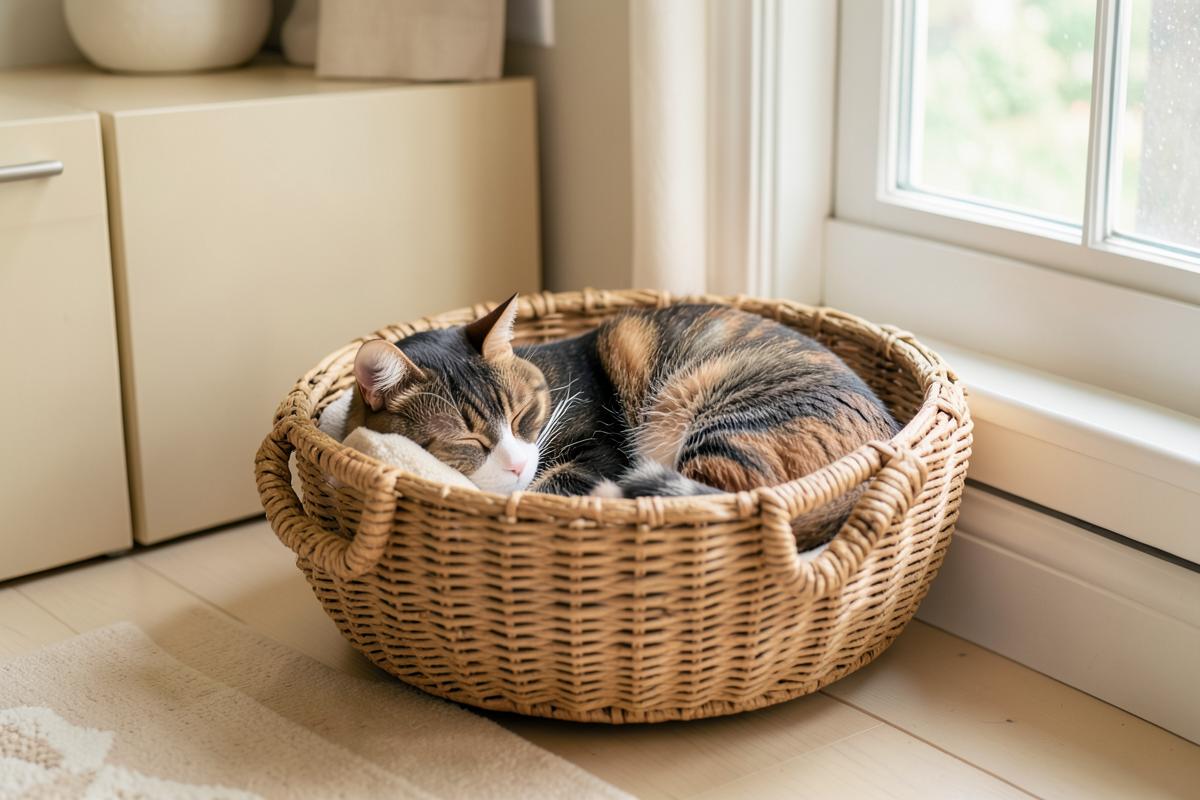 A cat curled asleep in a woven basket bed by a window