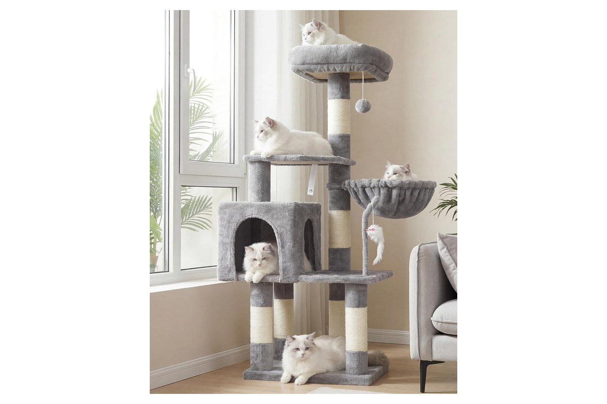 Heybly light grey cat tower with sisal scratching posts, a padded plush perch and a hanging hammock