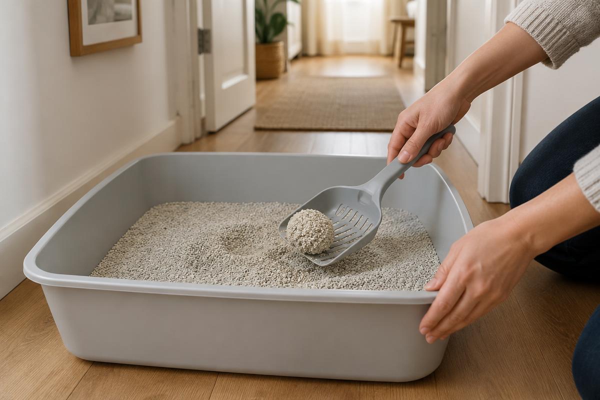 Hands lifting a clump from an open grey litter tray with a slotted scoop on a wooden hallway floor