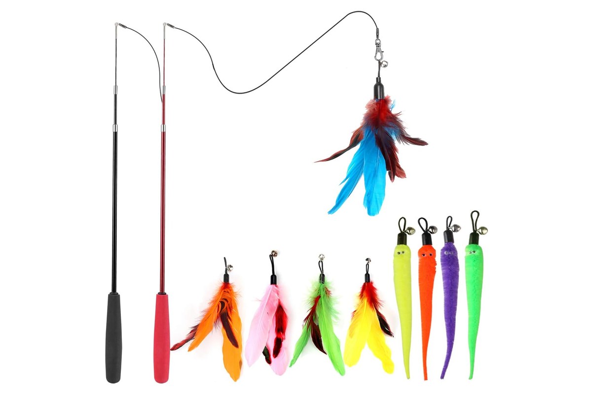 MeoHui set of two retractable cat wand toys with nine assorted feather and ribbon lure refills